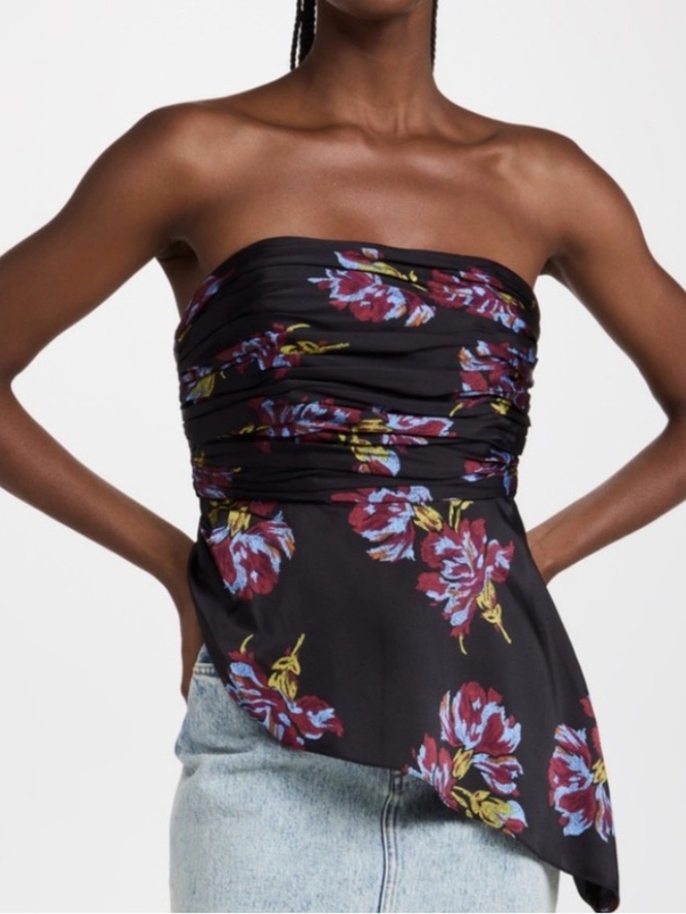 Cinq à Sept Richie Top Black Multi Floral Strapless Asymmetrical Top M NWT